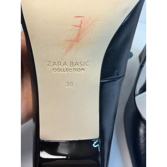 Zara Basic Collection Women Size 7.5 Black Leather Block Heel Pumps Modern Dress - Picture 11 of 13